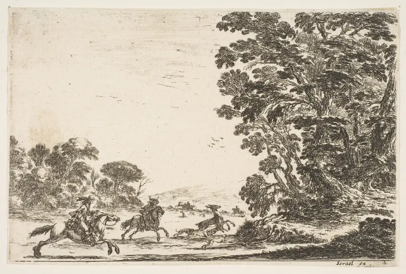 A deer hunt, two horsemen galloping towards the left behind three dogs and a deer, a group of trees to right, plate 4 from "Various Figures" (Agréable diversité de figures) Wall Art by Stefano della Bella - High-Resolution Digital Print