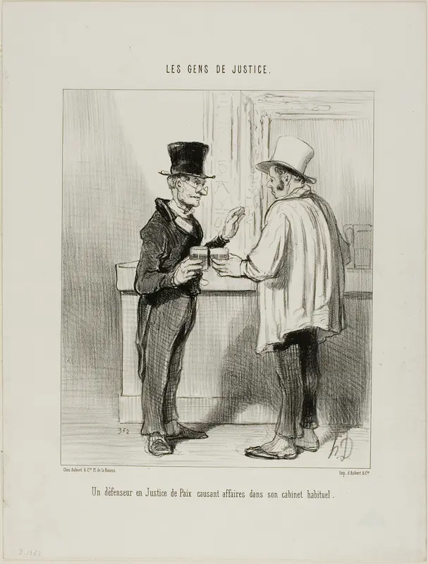 A defence lawyer at the Court of Arbitration discussing business at his usual office premises, plate 27 from Les Gens De Justice