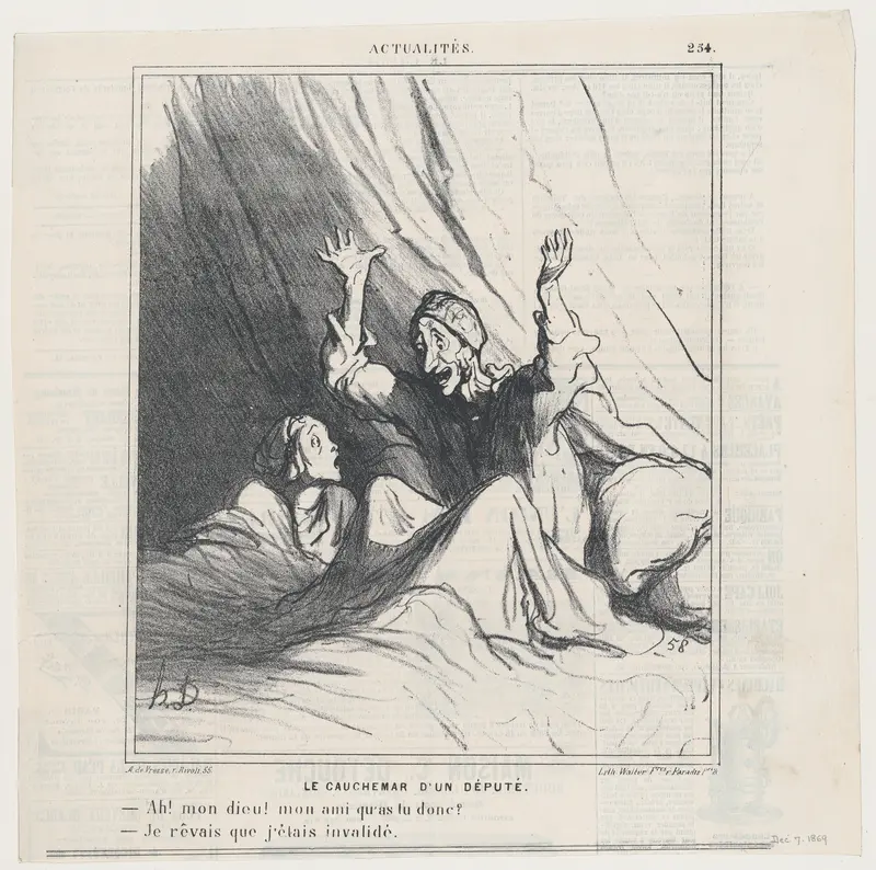 A deputy's nightmare: –Oh my friend, what has happened? –I dreamed I was invalidated, from 'News of the day,' published in Le Charivari, December 7, 1869 Wall Art by Honoré Daumier - High-Resolution Digital Print