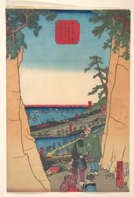 A Distant View of Yokohama Honmura, the Licensed District, Noge Bridge, and Yoshida Bridge, from the Entrance to Yokohama near the Mountain Pass at at Noge Village Wall Art by Utagawa (Gountei) Sadahide - High-Resolution Digital Print