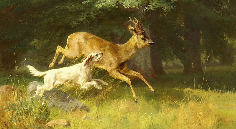 A dog chasing a roebuck. Wall Art by Adolf Mackeprang - High-Resolution Digital Print