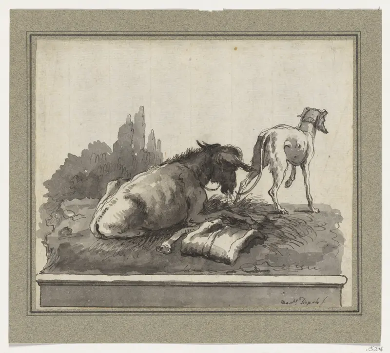 A Donkey Lying on the Grass, with an Italian Greyhound (on a Base) Wall Art by Giovanni Domenico Tiepolo - High-Resolution Digital Print