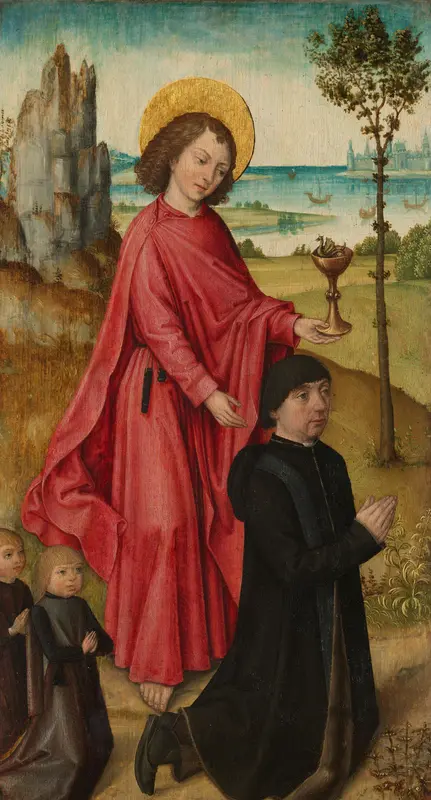 A Donor and his two Sons with Saint John the Evangelist, inner left wing of a triptych Wall Art by Unknown - High-Resolution Digital Print