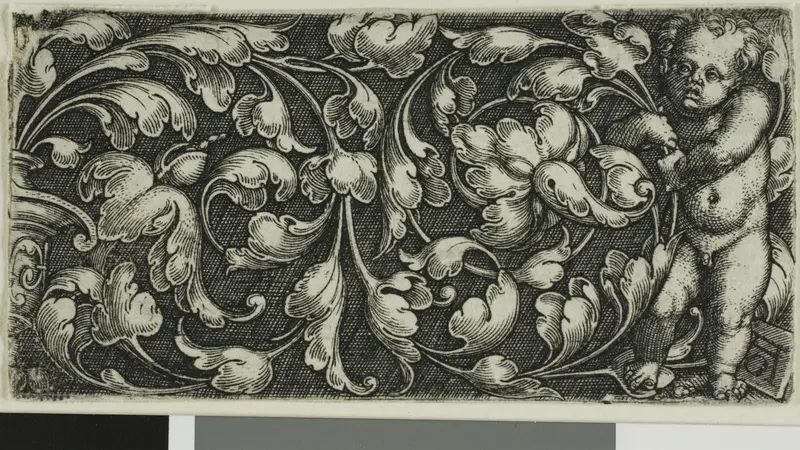 A Double Scroll of Leaf Ornament with a Putto Standing at the Right Wall Art by Heinrich Aldegrever - High-Resolution Digital Print