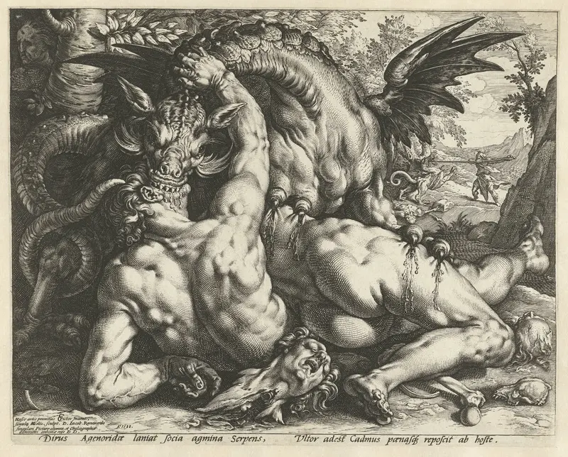 A dragon devouring the companions of Cadmus Wall Art by Hendrick Goltzius - High-Resolution Digital Print