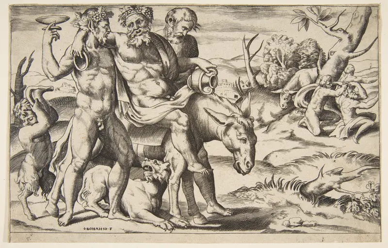 A drunken Silenus riding an ass being supported by satyrs Wall Art by Giulio Bonasone - High-Resolution Digital Print