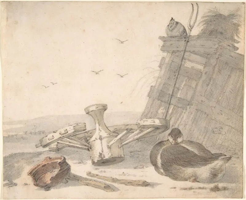 A Duck Sleeping near a Broken Wheel in a Farmyard, a Chicken beyond Wall Art by Cornelis Saftleven - High-Resolution Digital Print