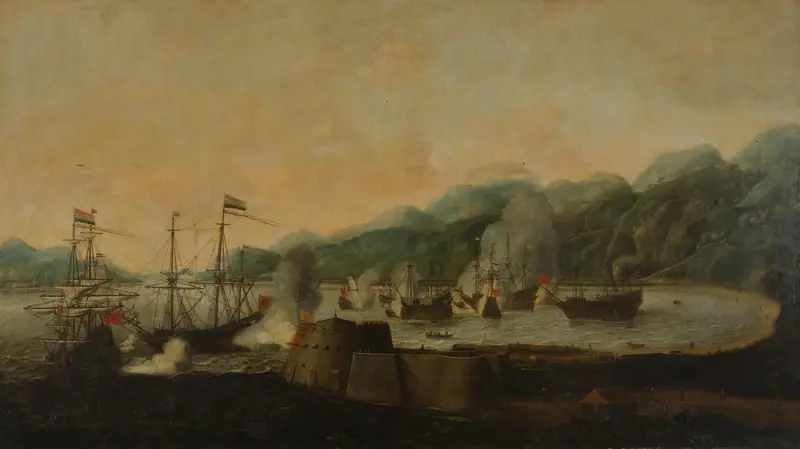 A Dutch Squadron under the Command of Cornelis Simonsz van der Veer Carrying Out a Surprise Attack on Three Portuguese Galleons in the Bay of Goa Velha, 30 September 1639 Wall Art by Unknown - High-Resolution Digital Print