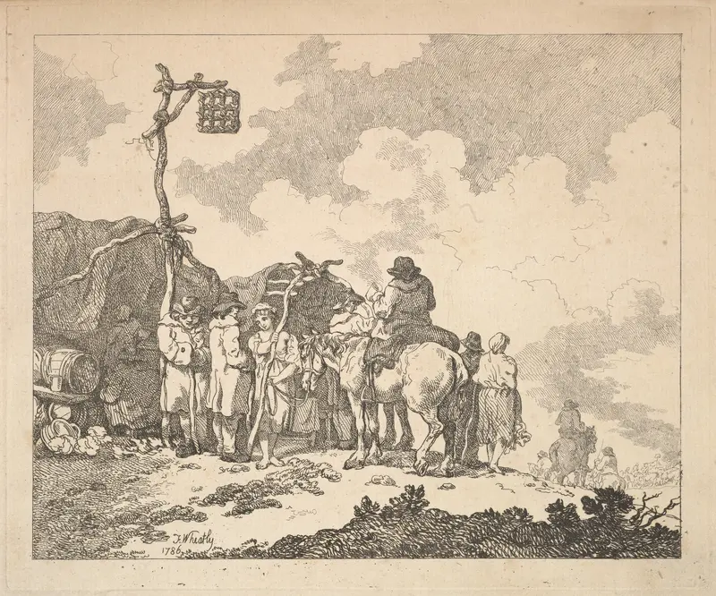 A Fair – A Group of Gypsies – Men and Women in Rustic Clothes in Front of Two Makeshift Tents Wall Art by Thomas Rowlandson - High-Resolution Digital Print