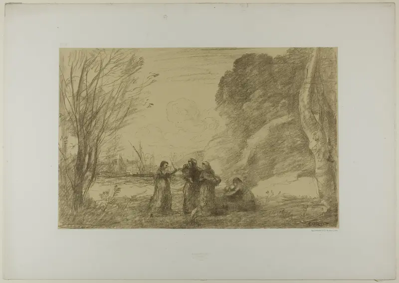 A Family at Terracina Wall Art by Jean Baptiste Camille Corot - High-Resolution Digital Print