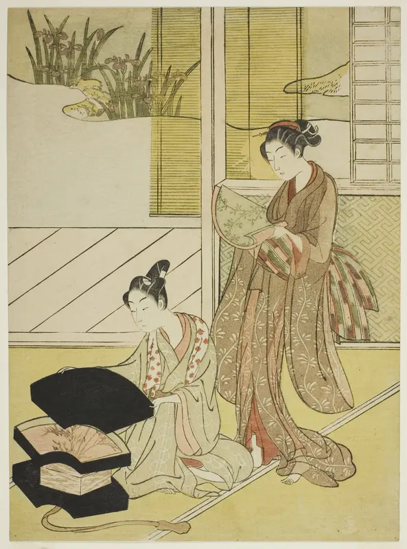 A Fan Peddler Showing his Wares to a Young Woman Wall Art by Suzuki Harunobu - High-Resolution Digital Print