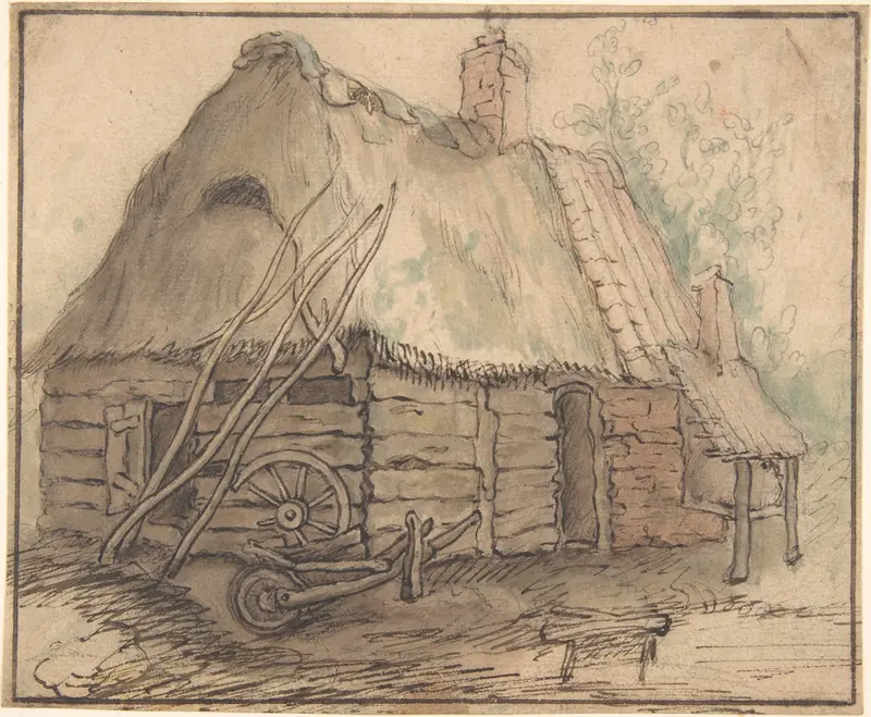 A Farm Building (recto); Head of a Woman and Slight Sketch of Woman Holding a Child (verso) Wall Art by Abraham Bloemaert - High-Resolution Digital Print