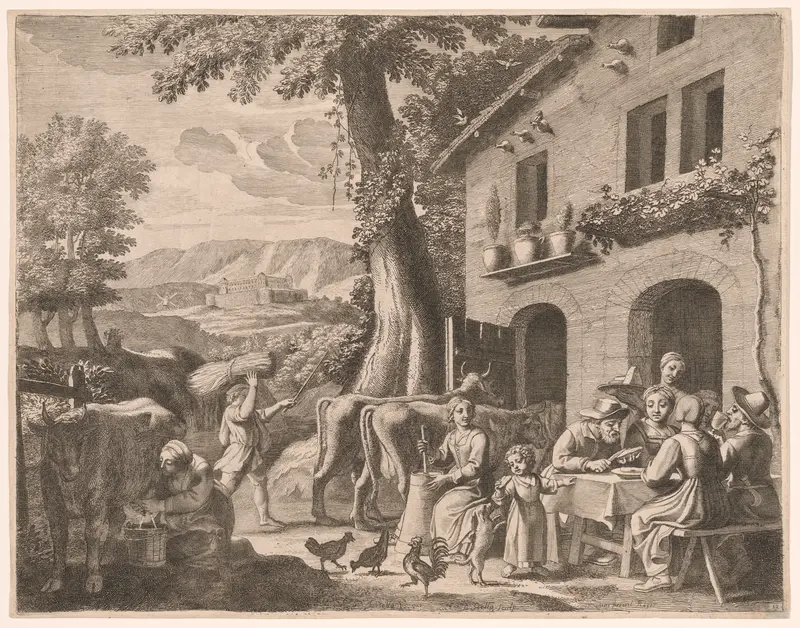 A Farmer Seated at the Table with His Family, Plate 13 from Pastorales Wall Art by Claudine Bouzonnet-Stella - High-Resolution Digital Print