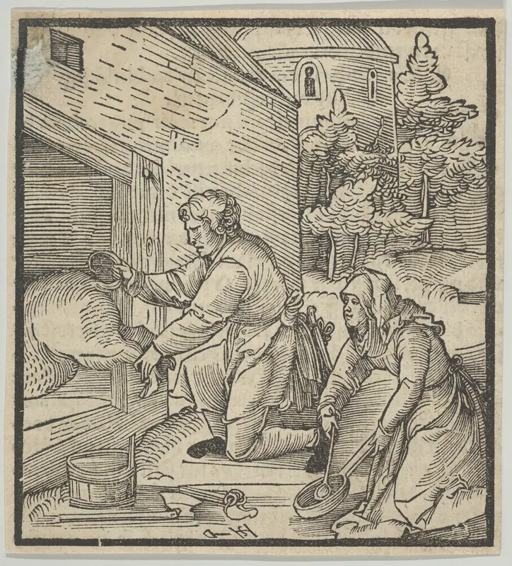A Farmer Slaughtering a Hog, from Hymmelwagen auff dem, wer wol lebt... Wall Art by Hans Schäufelein - High-Resolution Digital Print