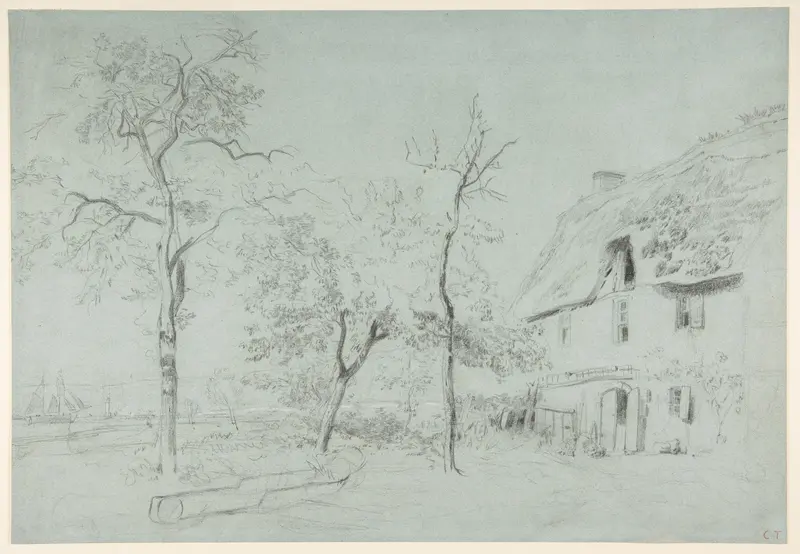 A Farmhouse with a Thatched Roof and Trees Beside a River Wall Art by Constant Troyon - High-Resolution Digital Print