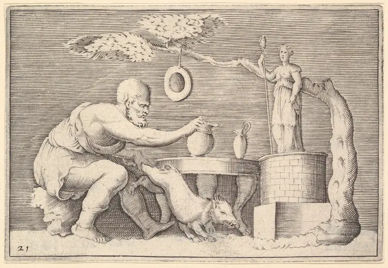 A Faun or Satyr Preparing a Pig for Sacrifice, from "Ex Antiquis Cameorum et Gemmae Delineata/ Liber Secundus/et ab Enea Vico Parmen Incis" Wall Art by Anonymous, Italian, 16th century - High-Resolution Digital Print