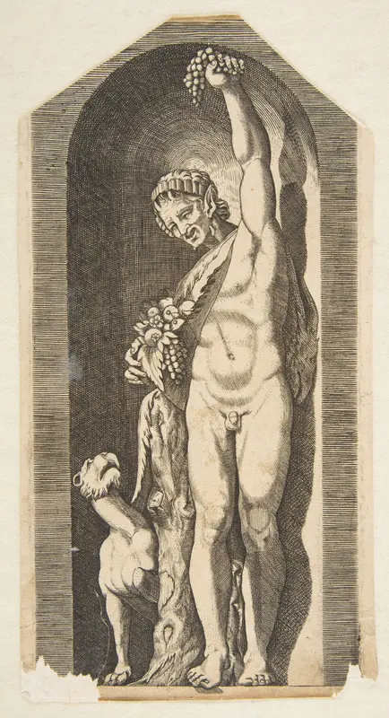 A faun standing in a niche holding aloft a bunch of grapes in his left hand and holding a bundle of fruit in his right hand, a dog lower left