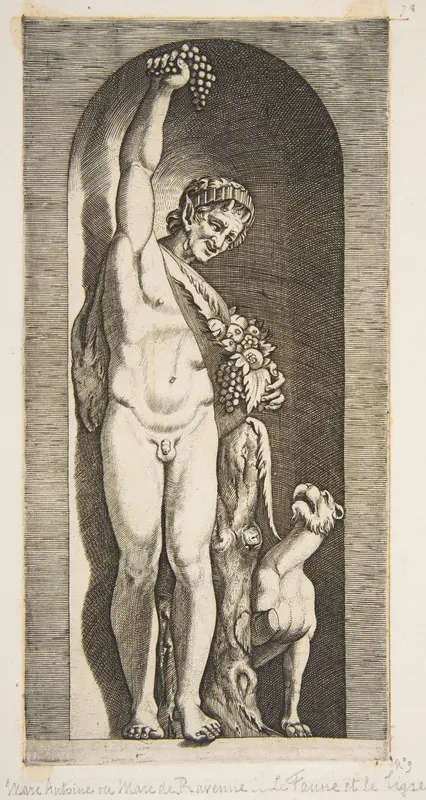 A faun standing in a niche holding aloft a bunch of grapes with his right hand and fruit with his left  hand, a dog lower right