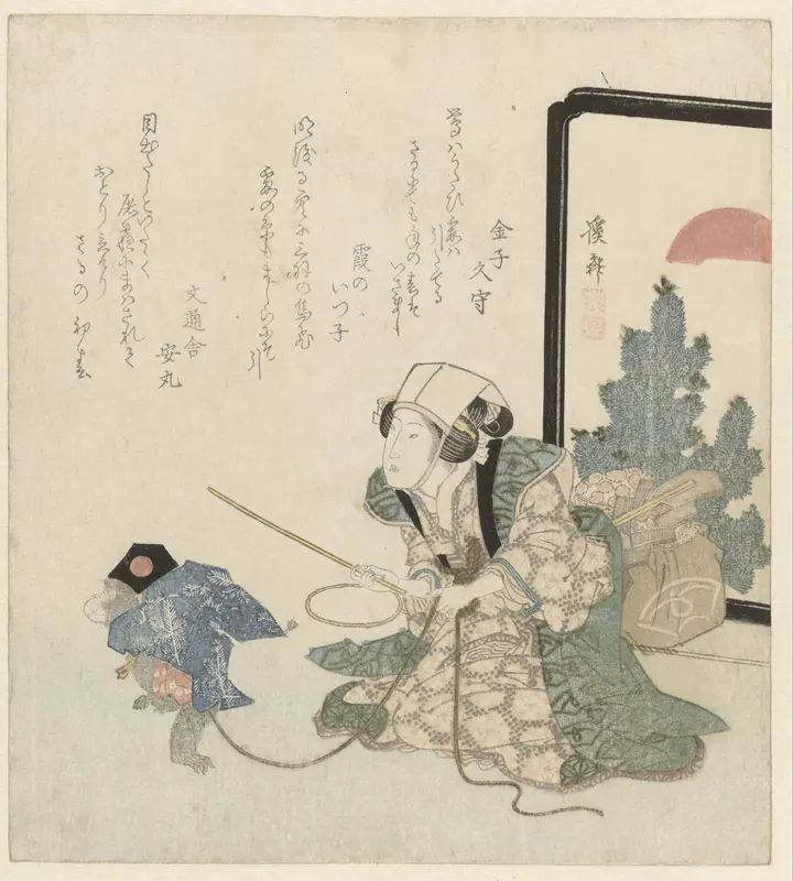 A Female Monkey Trainer Wall Art by Keisai Eisen - High-Resolution Digital Print