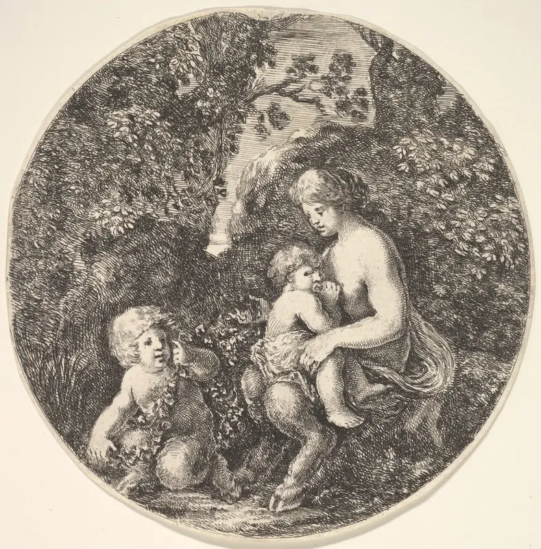 A female satyr breastfeeding an child to the right, turned towards the left, a satyr child on the ground to the left, from "Landscapes and seaports" (Paysages et ports de mer, dans des ronds) Wall Art by Stefano della Bella - High-Resolution Digital Print