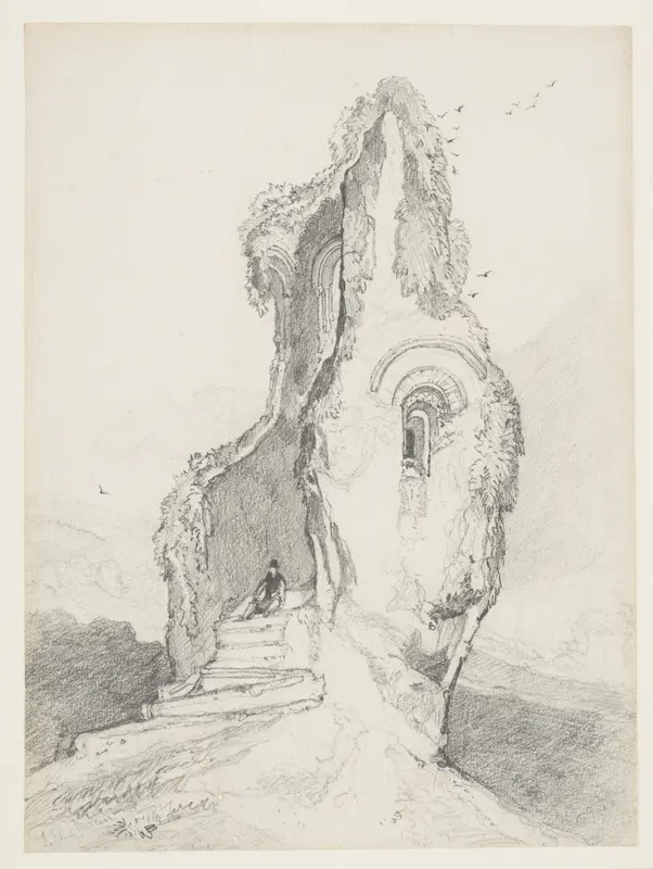 A figure resting in a ruined tower Wall Art by John Sell Cotman - High-Resolution Digital Print