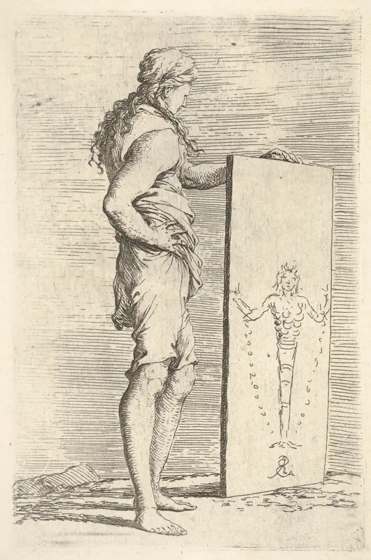 A figure supporting a tablet with a representation of a herm of Diana of Ephesus, from "Figurine" Wall Art by Salvator Rosa - High-Resolution Digital Print