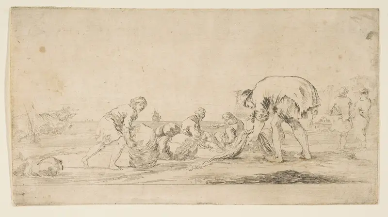 A fisherman bringing in his nets, a man at left pushing a bale to the right, two seated figures mending nets, and two figures at right seen from the back Wall Art by Stefano della Bella - High-Resolution Digital Print