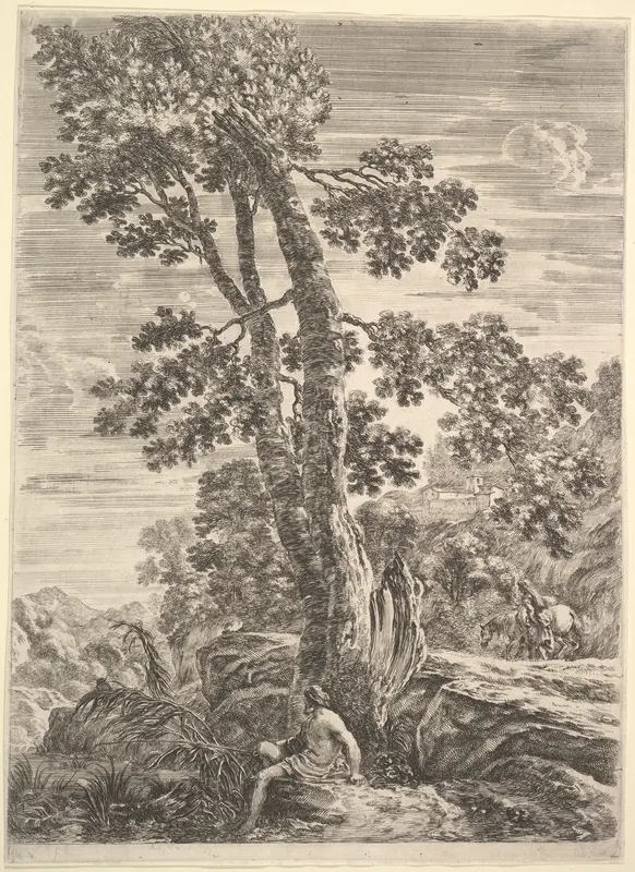 A fisherman leaning against a large tree, a woman walking next to a horse in the background, from "Four large landscapes" (Quatre grands paysages en hauteur) Wall Art by Stefano della Bella - High-Resolution Digital Print