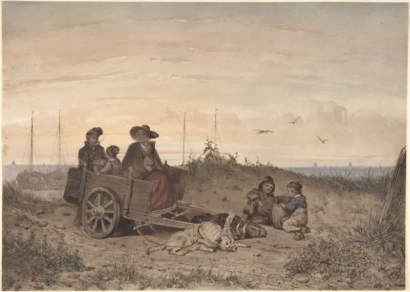 A Fisherman's Family at the Beach, the Mother and One of the Children Sitting in a Cart Wall Art by Jan Gerard Smits - High-Resolution Digital Print