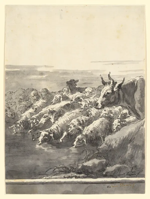 A Flock of Sheep Drinking at a Pool, with a Bullock and a Dog Wall Art by Giovanni Domenico Tiepolo - High-Resolution Digital Print