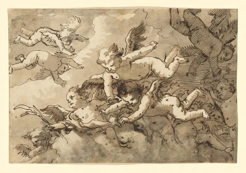 A Flock of Winged Cherubs in the Sky, One Holding a Martyr's Palm Wall Art by Giovanni Domenico Tiepolo - High-Resolution Digital Print