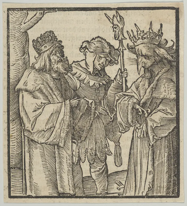 A Fool in the Service of the Devil and a Virtuous Man, from Hymmelwagen auff dem, wer wol lebt... Wall Art by Hans Schäufelein - High-Resolution Digital Print