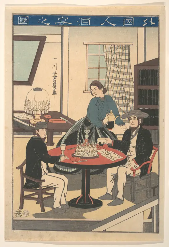 A Foreigner's Wine Party (Gaikokujin shuen no zu), from an untitled series of foreigners at home Wall Art by Utagawa Yoshikazu - High-Resolution Digital Print