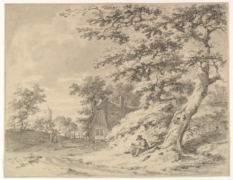 A  Forest Edge with Peasants and a Village in the Background; verso: Landscape Sketch Wall Art by Pieter Barbiers II - High-Resolution Digital Print
