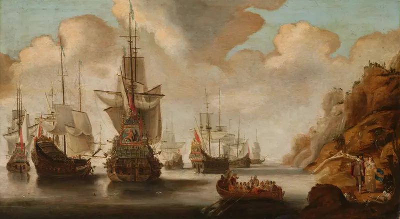 A French Squadron near a Rocky Coast Wall Art by Jacob Bellevois - High-Resolution Digital Print