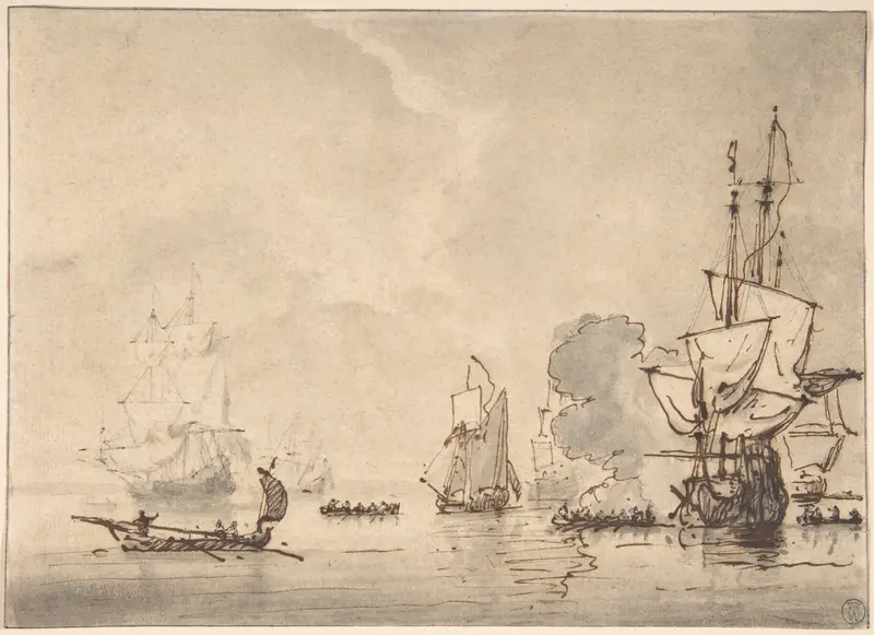 A Frigate at Anchor, Saluting a Nearby Yacht Wall Art by Willem van de Velde I - High-Resolution Digital Print