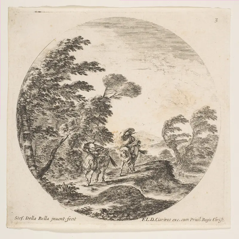 A gale in the forest, two horsemen wrapped in their cloaks, with the wind blowing from the left side, plate 3 from "Roman landscapes and ruins" (Paysages et ruines de Rome) Wall Art by Stefano della Bella - High-Resolution Digital Print
