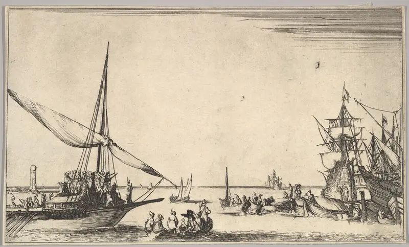 A galley arriving at port to left, several rowboats in center, ships at port to right, from "Set of eight nautical landscapes" (Suite de huit Marines) Wall Art by Stefano della Bella - High-Resolution Digital Print