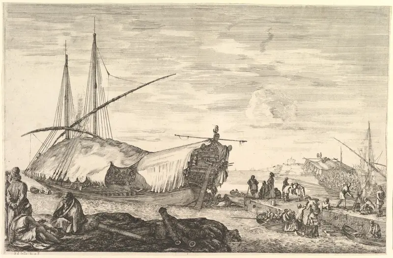 A galley covered in sails, from "Views of the port of Livorno" (Vues du port de Livourne) Wall Art by Stefano della Bella - High-Resolution Digital Print
