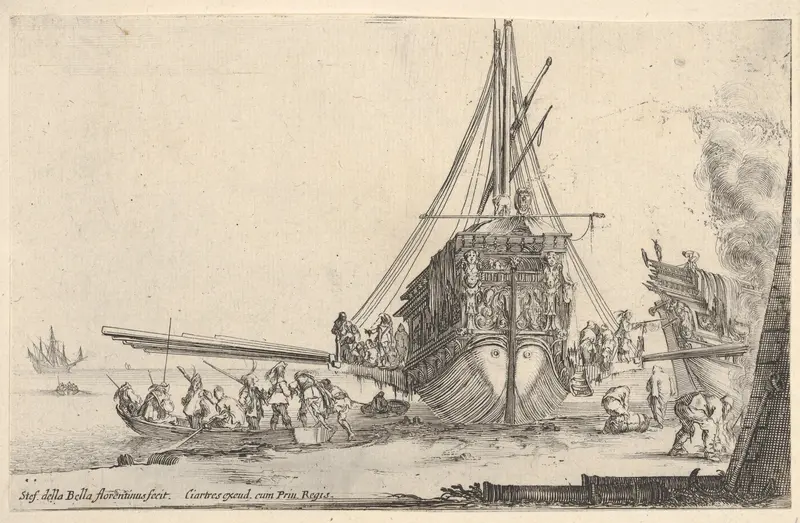 A galley embarking at center, seen from behind, the stern of another galley to right under a fire, eight men in a rowboat to left, from "Varie Figure" Wall Art by Stefano della Bella - High-Resolution Digital Print