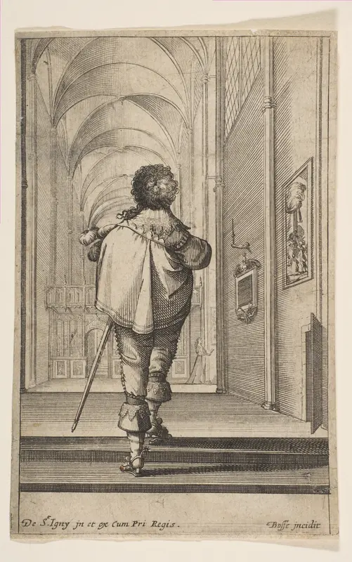 A gentleman seen from behind walking into a church, plate 8 from "French Nobility at Church" Wall Art by Abraham Bosse - High-Resolution Digital Print
