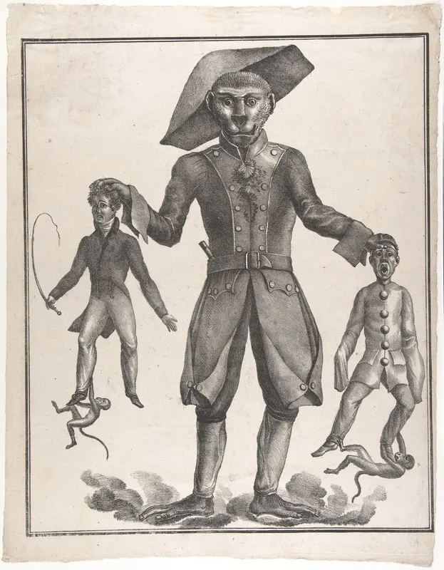 A Giant Monkey in Uniform Holding up Pierrot and a Man with a Whip