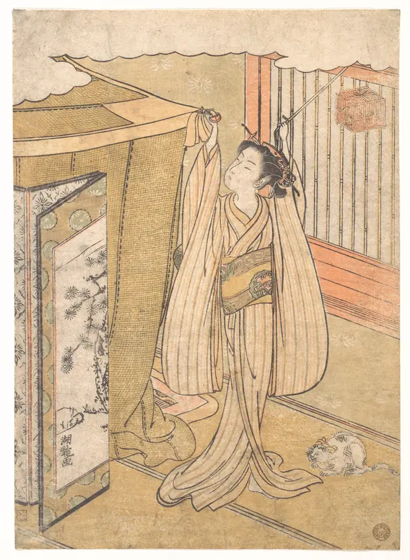 A Girl Hanging up a Mosquito Net Canopy over Her Bed.