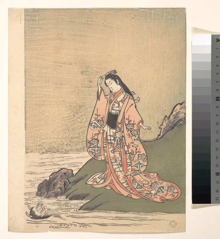 A Girl on the Edge of a Stream Sees a Demon's Head in the Water
