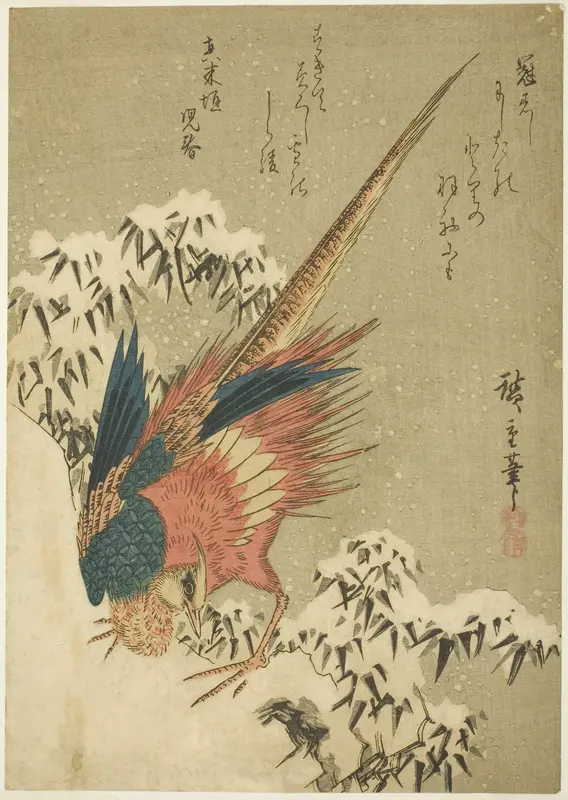 A Golden Pheasant amid Snow-Covered Bamboo on a Steep Hillside