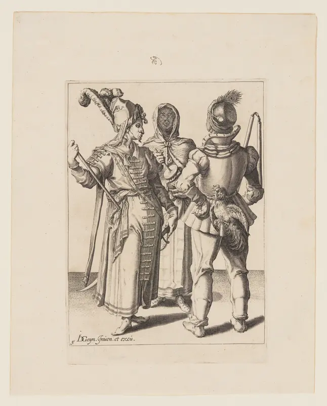 A Grandee in Eastern Dress, a Man with a Cock attached to his Belt and a Veiled Woman Playing the Rumbling-Pot, from The Masquerades Wall Art by Jacob de Gheyn, II - High-Resolution Digital Print
