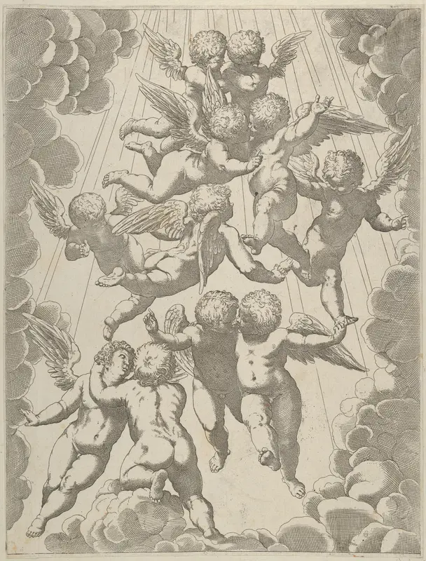 A group of angels embracing in flight, framed by clouds, after Reni Wall Art by Anonymous, 17th century - High-Resolution Digital Print