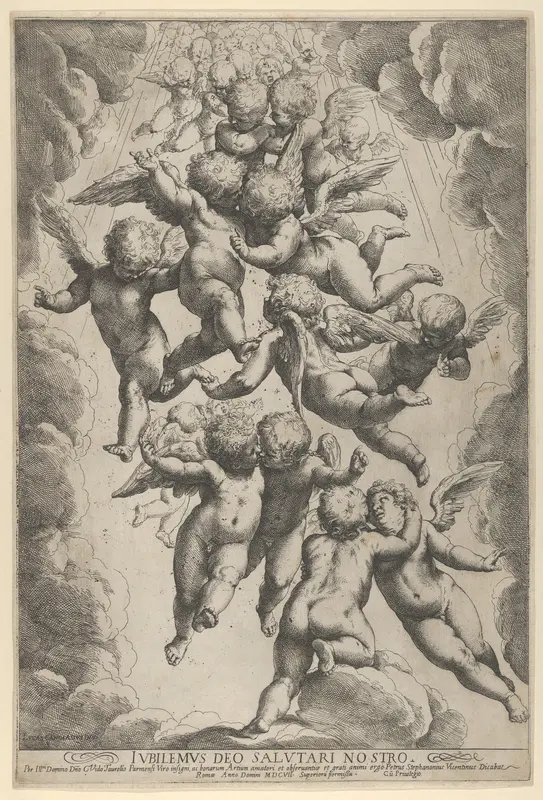 A group of angels embracing in flight, framed by clouds Wall Art by Guido Reni - High-Resolution Digital Print