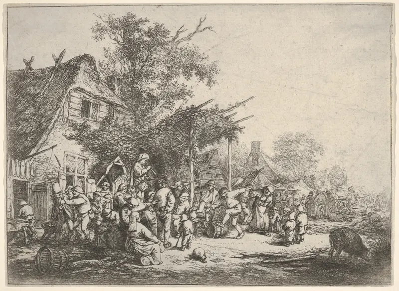 A group of figures dancing under a trellis attached to a house, a standing figure carrying a drum and holding a horn to his mouth, surrounded by onlookers, a lane with houses and carriages beyond Wall Art by Adriaen van Ostade - High-Resolution Digital Print