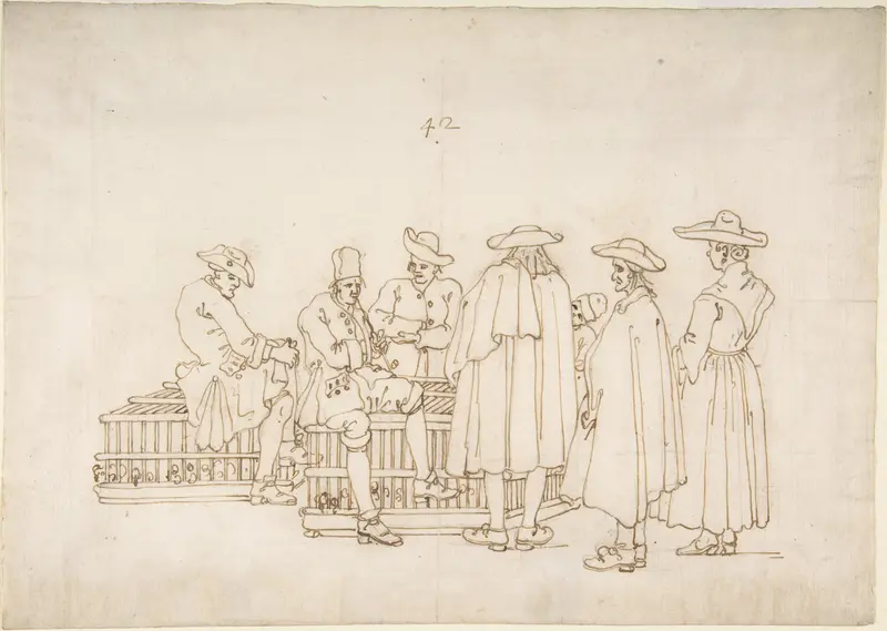 A Group of Figures Surrounding Two Bird-coops Wall Art by Bernardo Bellotto - High-Resolution Digital Print